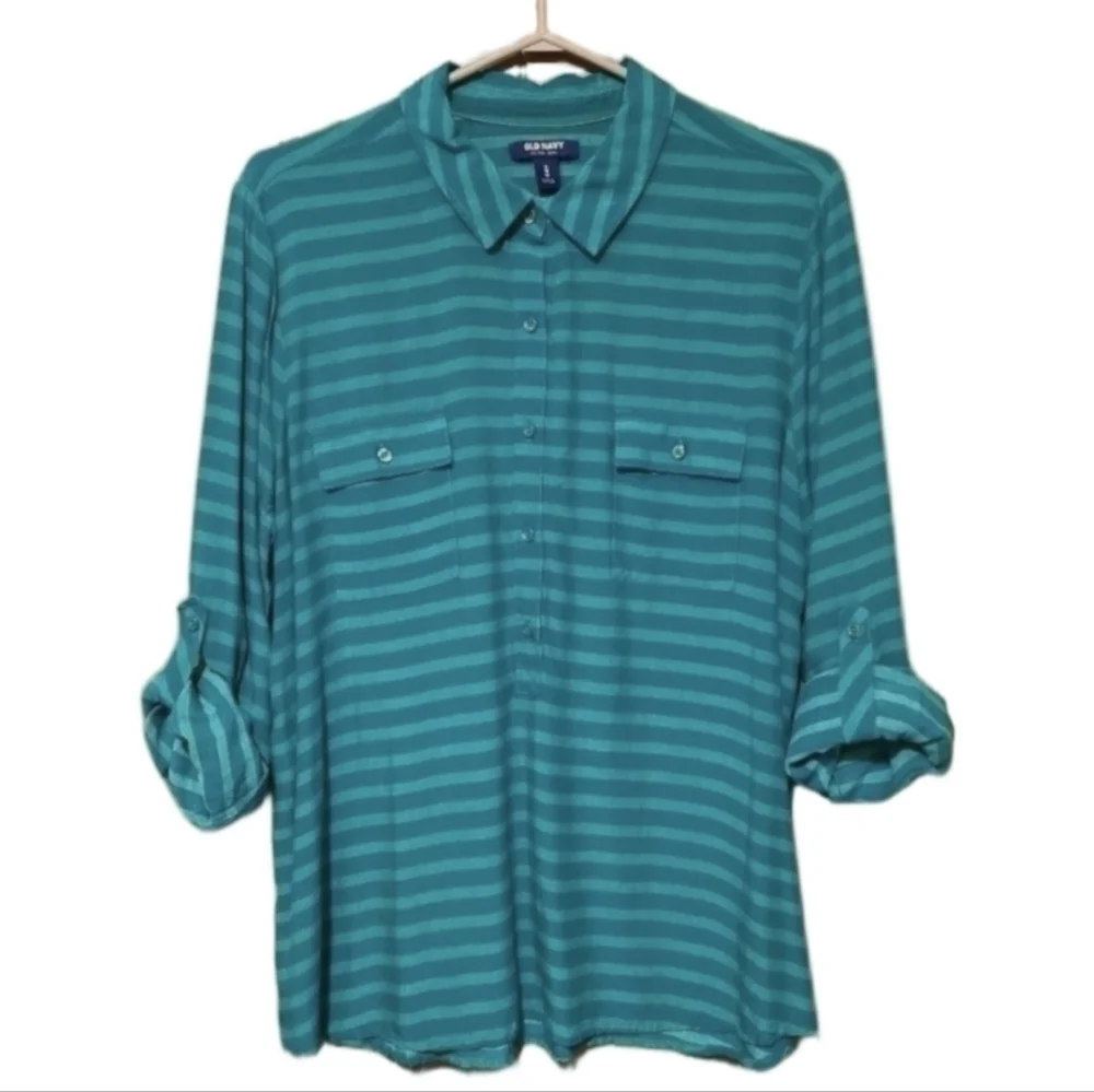 Old Navy Striped Green On Green Button-Down Shirt Relaxed Fit Womens XLarge - Picture 2 of 8